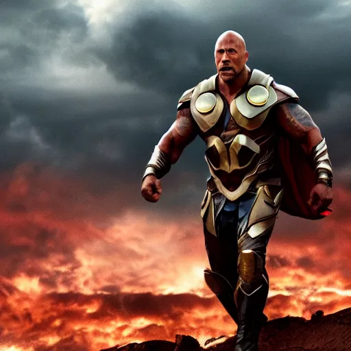 Image similar to film still of Dwayne Johnson playing Heimdall in Thor, 4k