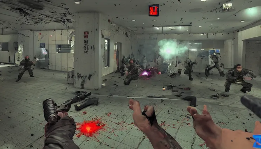 Prompt: 1994 Video Game Screenshot, Anime Neo-tokyo Cyborg bank robbers vs police, Set inside of the Bank Lobby, Multiplayer set-piece in bank lobby, Tactical Squad :9, Police officers under heavy fire, Police Calling for back up, Bullet Holes and Blood Splatter, :6 Smoke Grenades, Riot Shields, Large Caliber Sniper Fire, Chaos, Anime Cyberpunk, Anime Bullet VFX, Machine Gun Fire, Violent Gun Action, Shootout, Escape From Tarkov, Intruder, Payday 2, 8k :4 by Katsuhiro Otomo: 9