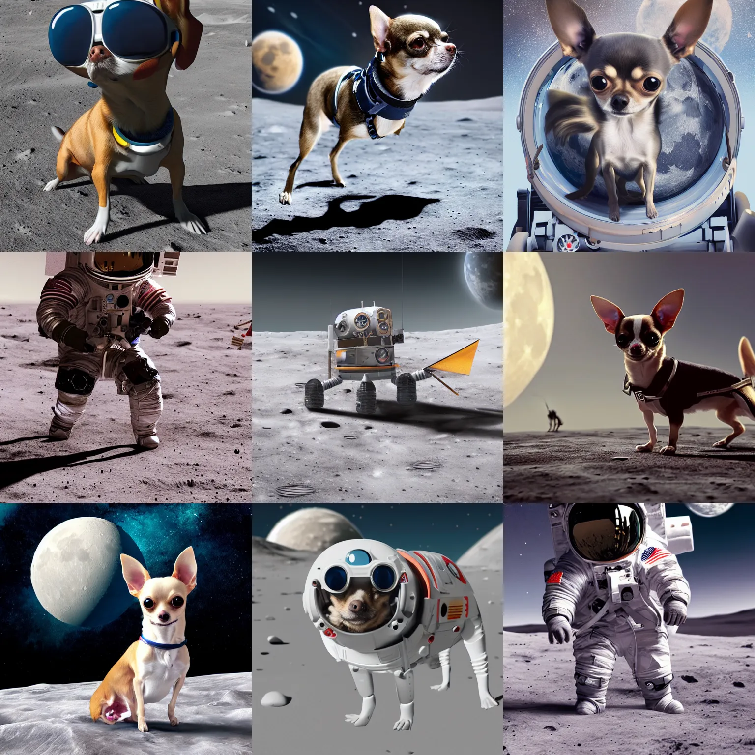 Prompt: Chihuahua cyborg on the moon, moon base, mechanical, celestial background, octane, 4k, hyper realism, sharp focus