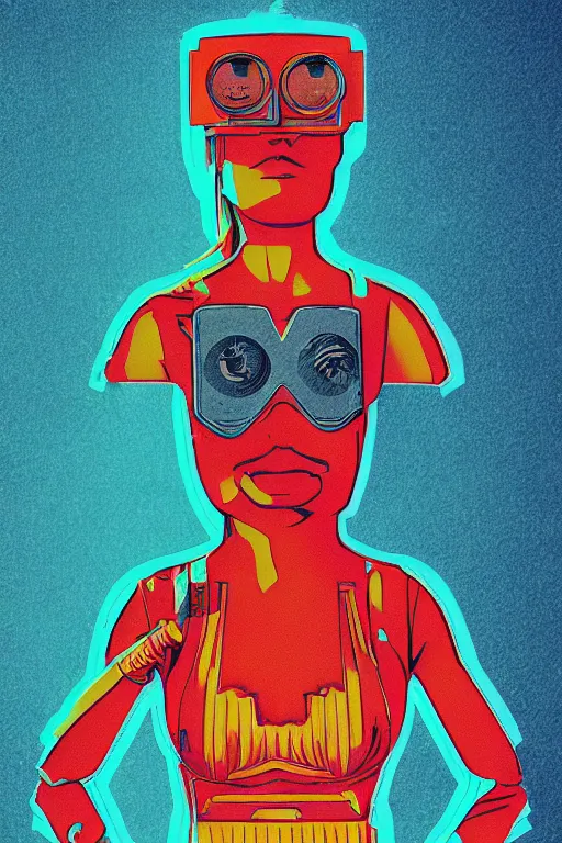 Prompt: a retro 70s cyborg woman, anaglyph, book cover,