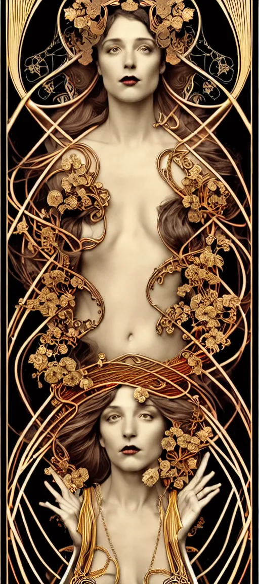 Image similar to the source of future growth dramatic, elaborate emotive Art Nouveau styles to emphasise beauty as a transcendental, seamless pattern, symmetrical, large motifs, hyper realistic, 8k image, 3D, supersharp, Art nouveau 3D curves and swirls, copper and Gold pipes, silk ribbons and golden chains, swarovski crystals, iridescent and black and shiny gold colors , perfect symmetry, iridescent, High Definition, sci-fi, Octane render in Maya and Houdini, light, shadows, reflections, photorealistic, masterpiece, smooth gradients, no blur, sharp focus, photorealistic, insanely detailed and intricate, cinematic lighting, Octane render, epic scene, 8K