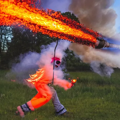 Prompt: photo of a clown using a flamethrower projecting a long bright flame towards a fire