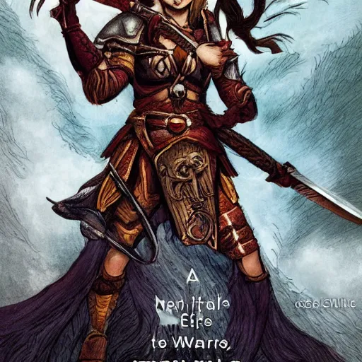 Image similar to a graphic novel cover for a fantasy epic about a female warrior in a new dimension