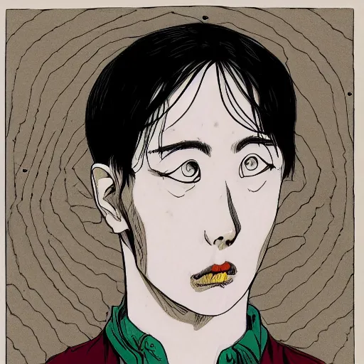 Image similar to a self-portrait of jung jaehyun in the art style of junji ito, color restoration,