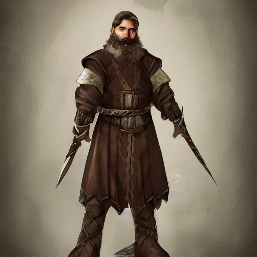 Prompt: 5 0 years old man, tall, stocky : : fantasy : : brown hair, sympathetic, short brown beard : : decorated medieval clothing : : high detail, digital art, rpg, concept art, illustration