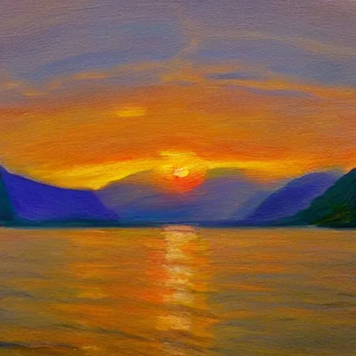 Prompt: impressionist painting of the sunset into a Norwegian fjord