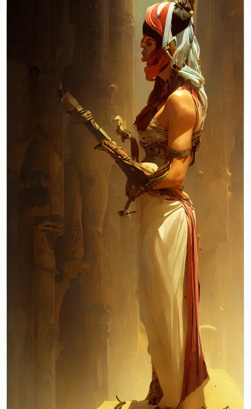 Prompt: a personification of the country egypt, highly detailed, digital painting, artstation, concept art, sharp focus, illustration, art by greg rutkowski and alphonse mucha