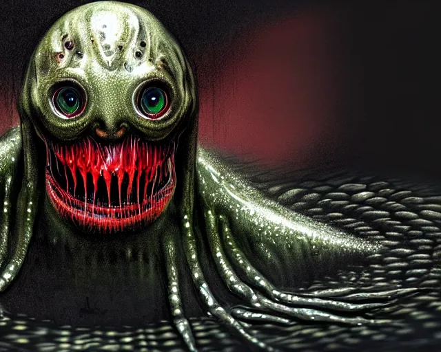 Image similar to sketch of realistic long textured demon wet humanoid alien, smoke, large alien eyes, metallic reflective human teeth dripping greenish acid saliva from teeth, thin red veins, intricate grey fish scales, ornate, cinematic light shadows, reflections, crawling in a wet sewer pipe, dim flashlight lighting, insanely detailed, fisheye lens