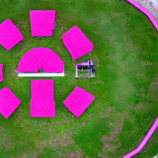 Prompt: aerial photograph of a circular maze with a hot pink pineapple in the centre