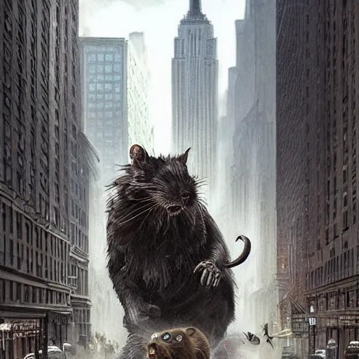 Prompt: Stunning Hyperealistic portrait of Giant Dishonored enormous furry rats roaming the city of new York.