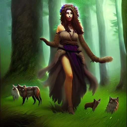 Image similar to a pretty druid surrounded by wolves digital painting, photorealistic, in the style of greg rutkowski, full body, detailed face