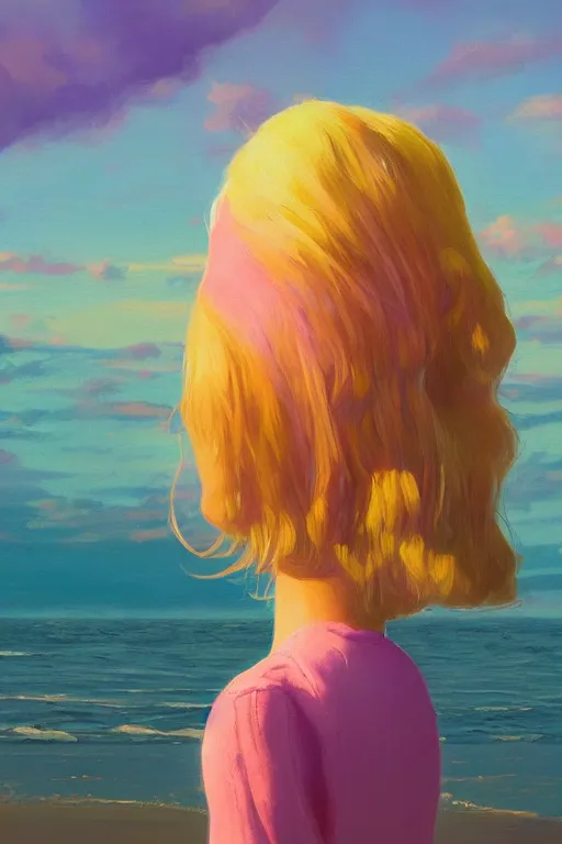 Image similar to closeup, giant lilac head, girl on beach, surreal photography, golden hour, colorful clouds, impressionist painting, digital painting, artstation, simon stalenhag