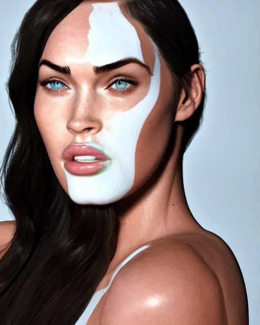 Image similar to megan fox made out of mayonnaise, human face made out of mayonnaise, megan fox wearing white body paint, professional food photography, unreal engine, photorealistic 3 d render