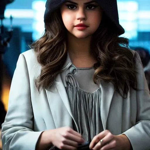 Prompt: close-up of Selena Gomez as a detective in a movie directed by Christopher Nolan, movie still frame, promotional image, imax 70 mm footage