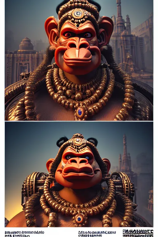 Image similar to high quality 3 d render post - rococo cyberpunk hanuman! head shri ram centre, madhubani, highly detailed, morning in sci - fi new delhi, cinematic smooth unreal engine, lee madgwick & liam wong, dramatic light, long shot, low angle, uhd 8 k, sharp focus