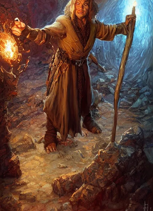 Prompt: a portrait painting of a mage hobbit, ultra detailed fantasy, dndbeyond, dnd character portrait, full body, pathfinder, pinterest, art by ralph horsley, karol bak, ed binkley