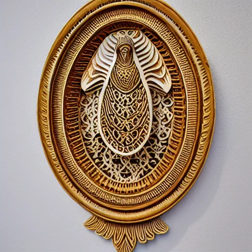 Image similar to gorgeous ornated wooden realistic detailed sacred falcon wall decoration with golden filigree carved out of ivory