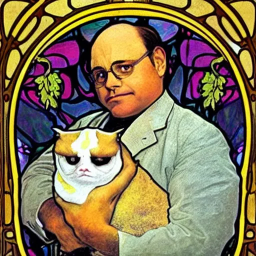 Image similar to “ george costanza from seinfeld holding grumpy cat, art nouveau, by alphonse mucha ”