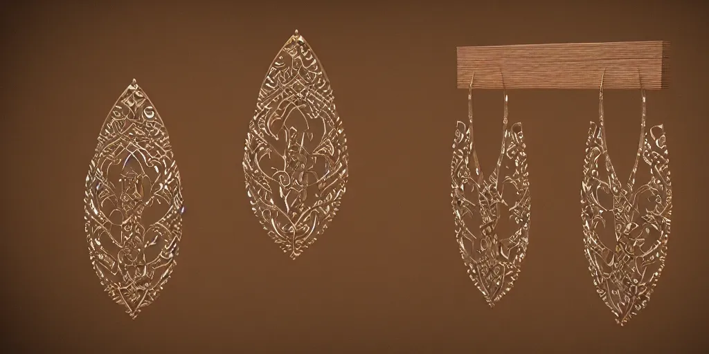 Image similar to earring design, jewelry design, wood, nordic, art deco, intricate, elegant, material, product design, trending on artstation, cgsociety, photo realistic, design by ziva cph and isabel lennse and kalevala, 8 k, unreal engine, c 4 d