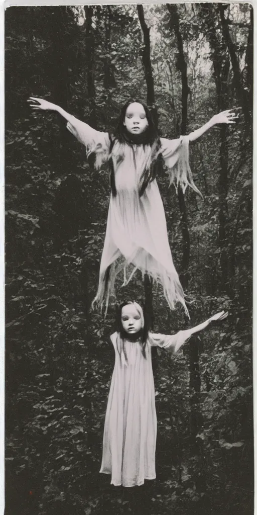 Prompt: old polaroid photo of a young witch girl floating in the air with her arms outstretched in a forest, long hair hanging down. dark and spooky, muted colours, flash photography, young face