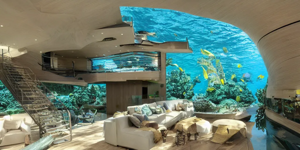 Prompt: a residence in the style of the seattle aquarium underwater dome