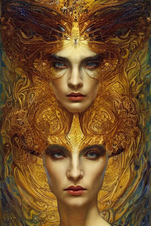Prompt: Intermittent Chance of Chaos Muse by Karol Bak, Jean Deville, Gustav Klimt, and Vincent Van Gogh, beautiful surreal face portrait, enigma, destiny, fate, inspiration, muse, otherworldly, fractal structures, arcane, ornate gilded medieval icon, third eye, spirals