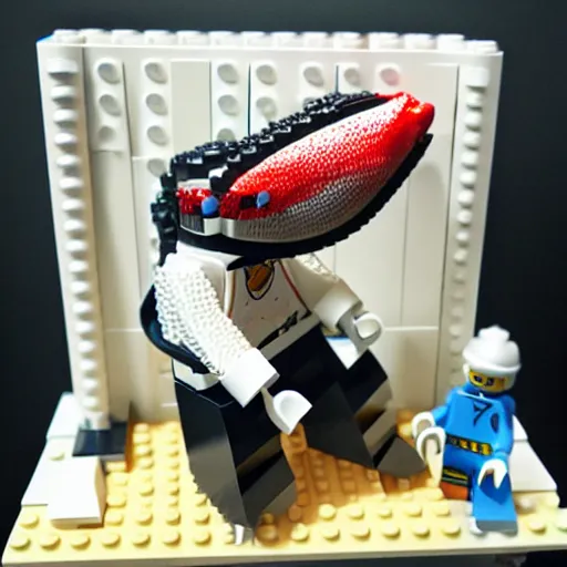 Prompt: lego sculpture of an astronaut catching a huge salmon, thoughtful, elegant, real