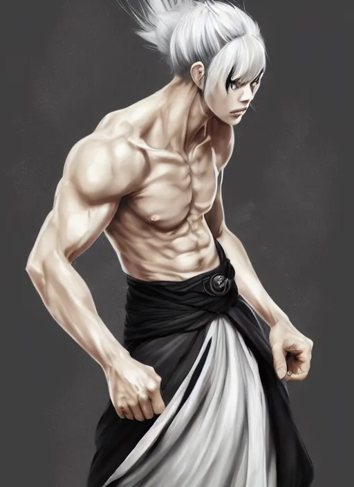 Image similar to a highly detailed illustration of fierce short white!!! haired young japanese man wearing hakama, black! sclera! eyes, dramatic serious pose, muscular, intricate, elegant, highly detailed, centered, digital painting, artstation, concept art, smooth, sharp focus, league of legends concept art, wlop