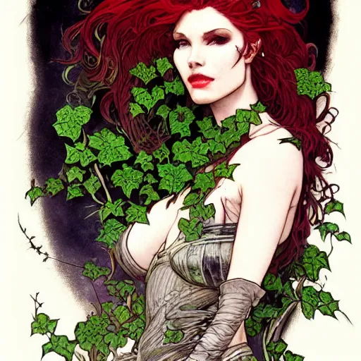 Prompt: a beautiful painting of poison ivy as a cyberpunk time traveler, dark eyeliner, intricate, elegant, highly detailed, digital painting, artstation, concept art, matte, sharp focus, illustration, art by rebecca guay and by arthur rackham and by alphonse mucha and by john william waterhouse