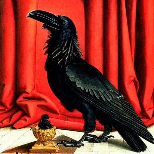 Image similar to a highly detailed painting of a raven, dressed in elegant tudor clothes, inside a room with thick red tapestries, by hans holbein