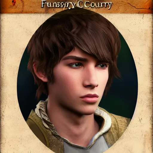 Image similar to a digital art close up portrait of young barnes courtney bard from fantasy world, handsome young man bard with lute character sheet, 4 k, ultra detail, volumetric lighting, unreal engine, octane render