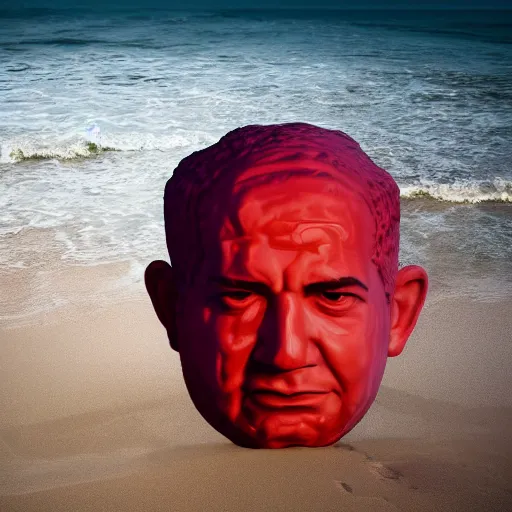 Prompt: a giant human head looking like benjamin netanyahu sculpture in the sea made out of juicy and transparent red jelly, long shot, hyper detailed, hyper realistic, ray tracing, 8 k resolution, sharp focus, realistic water, award winning