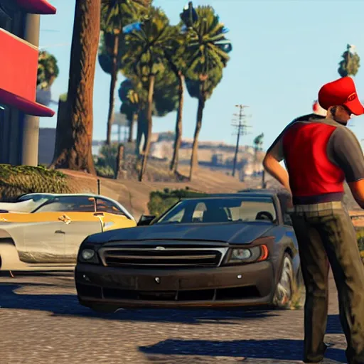 Image similar to a screenshot of GTA V with mario driving a car