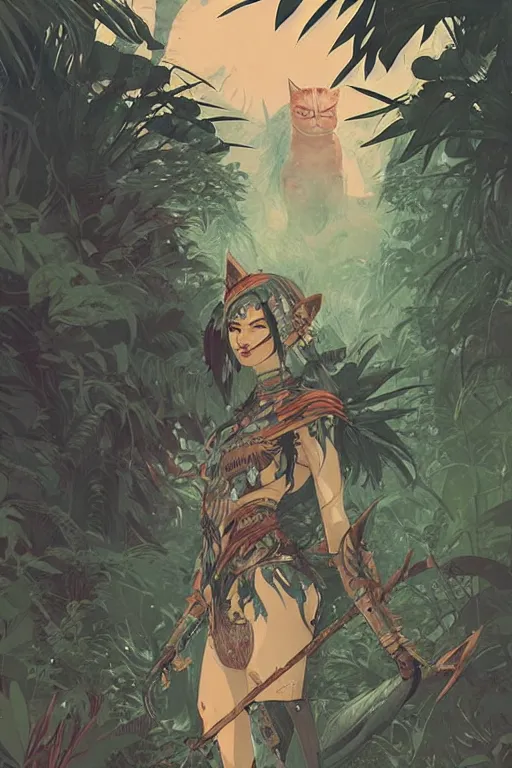 Prompt: warrior neko woman in a jungle with cat ears wearing armor, fantasy art, highly detailed character, vector art, by conrad roset, by greg rutkowski, illustration, volumetrics, nature, by magali villeneuve