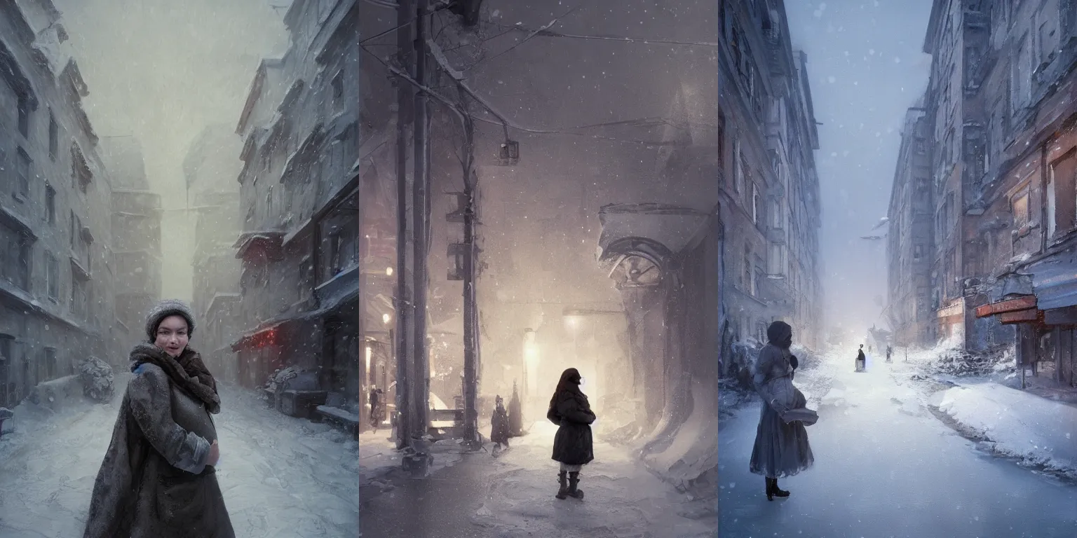 Prompt: portrait of a pregnant woman on the street of besieged Leningrad in winter, detailed, volumetric lighting, scenery, digital painting, highly detailed, artstation, sharp focus, illustration, concept art, ruan jia