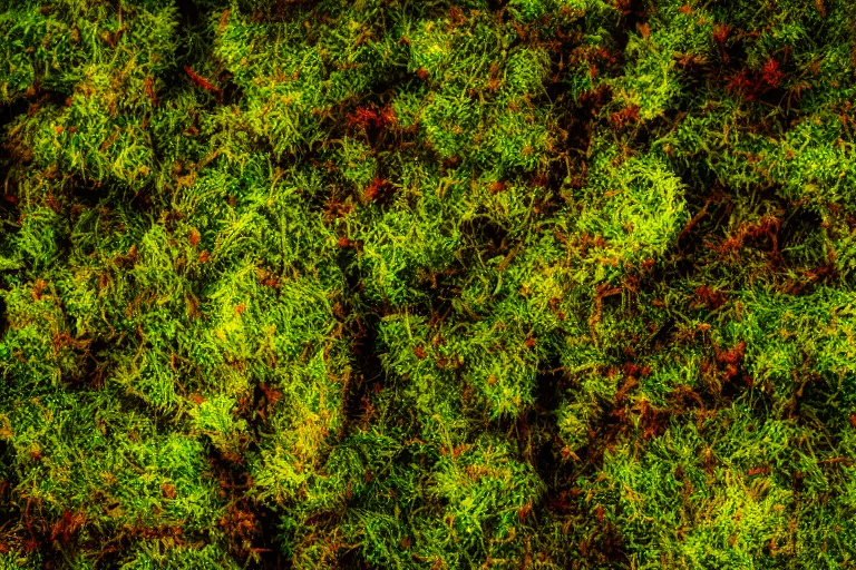 Image similar to macro photograph of moss on the forest floor, bathed in golden light