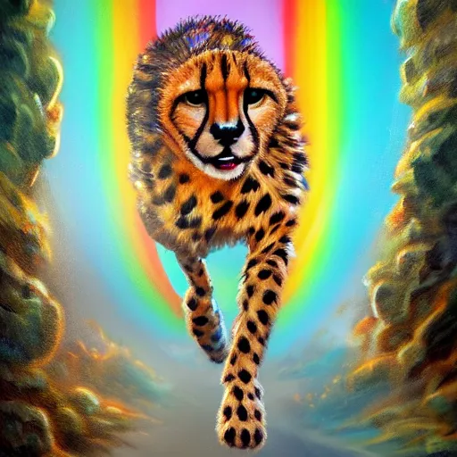 Image similar to cheetah running on a rainbow, high detail, concept art, artstation,