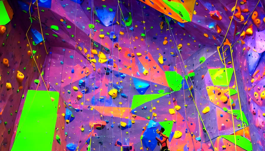 Prompt: futuristic neon indoor climbing center with space in the background, beautiful cosmos, cinematic shot, professional climbing photo, empty, galaxy, colourful climbing holds, 4k