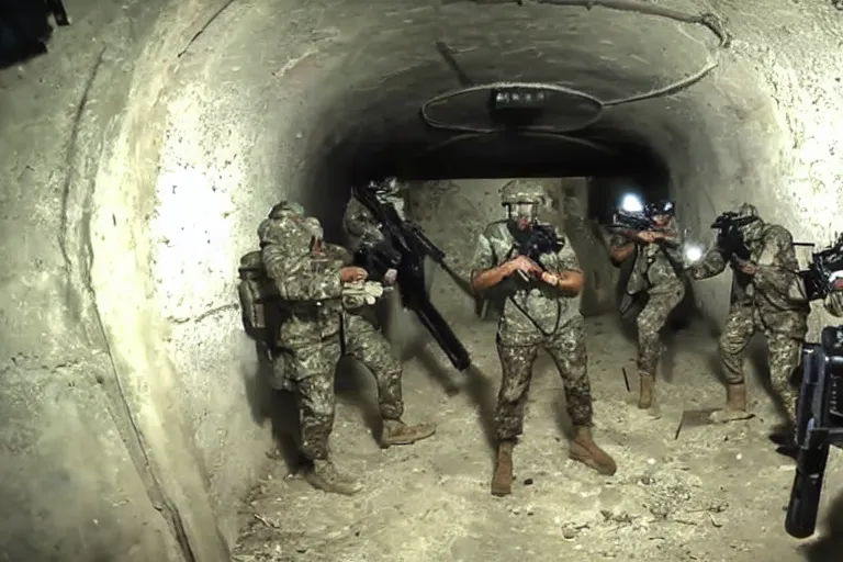 Prompt: gopro footage of a battle between human soldiers and grey aliens with guns in a dark underground tunnel