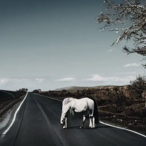 Prompt: horse on a rural highway