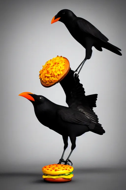 Image similar to a crow holding a cheeseburger, 3D render by beeple , octance render