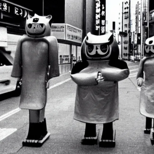 Image similar to 1 9 7 0 s japanese tv show, bw, mechanical creatures walking the streets of shinjuku,