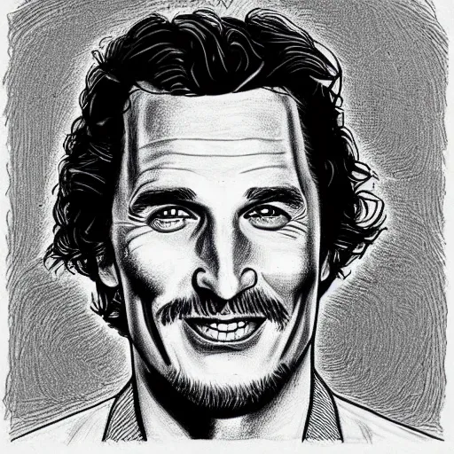 Image similar to a portrait drawing of Mathew McConaughey drawn by Robert Crumb