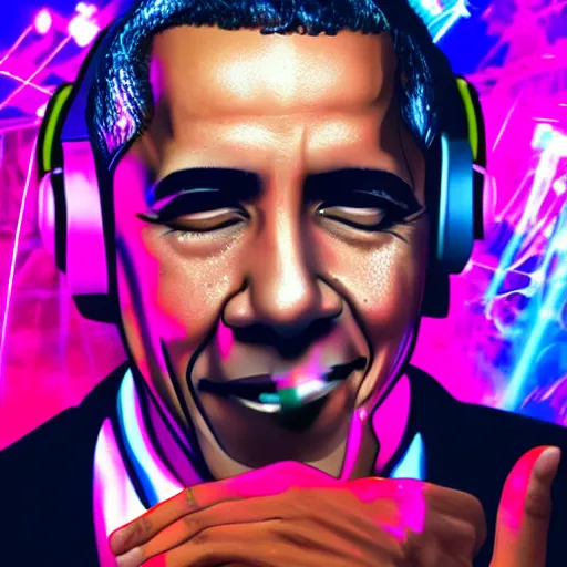 Prompt: Barack Obama as a DJ in a party full of colorful lasers