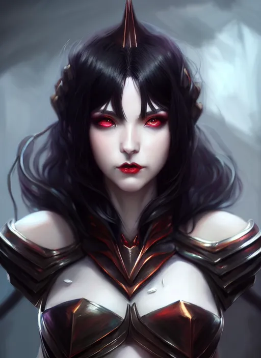 Image similar to full plate armor!!! beautiful and elegant dark hair female vampire!! gorgeous ayes!! character concept art, sharp focus, octane render! unreal engine 5! highly rendered!! trending on artstation!! detailed linework!! illustration by artgerm, wlop, and chie yoshii