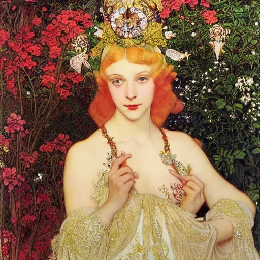 Image similar to beautiful blonde young woman wearing an elaborate jeweled headdress with lilies portrait by frank cadogan cowper, maxfield parrish, william morris, edmund dulac, and alphonse mucha, beautiful refined detailed dreamscape