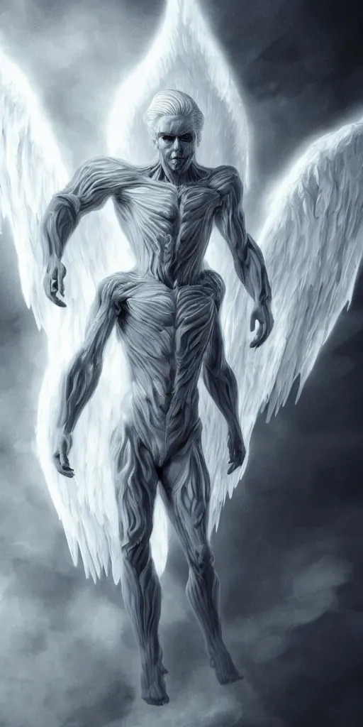 Prompt: full body image of a symmetric detailed terrifying male - angel with white hair with detailed white wings flying in black smoke, ultra realistic, epic, highly detailed, hd, sharp focus, cinematic lighting, realistic, vivid colors, gritty, matt painting, digital art, non blurry, sharp, artstation, concept art, smooth, illustration.