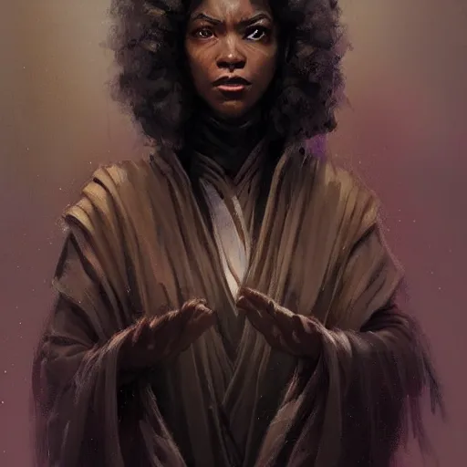 Image similar to portrait of a woman by greg rutkowski, youn jedi knight, black, afro hair, prettt, star wars expanded universe, she is about 2 0 years old, wearing jedi robes, highly detailed portrait, digital painting, artstation, concept art, smooth, sharp foccus ilustration, artstation hq