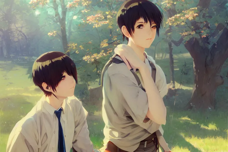 Image similar to boy's love anime high school scene spring setting, high detail concept art, perfect proportions fine face, realistic shaded lighting poster ilya kuvshinov, katsuhiro, jeremy lipkin and michael germash, makoto shinkai, loish and clamp style, trending on art station, best selling artist