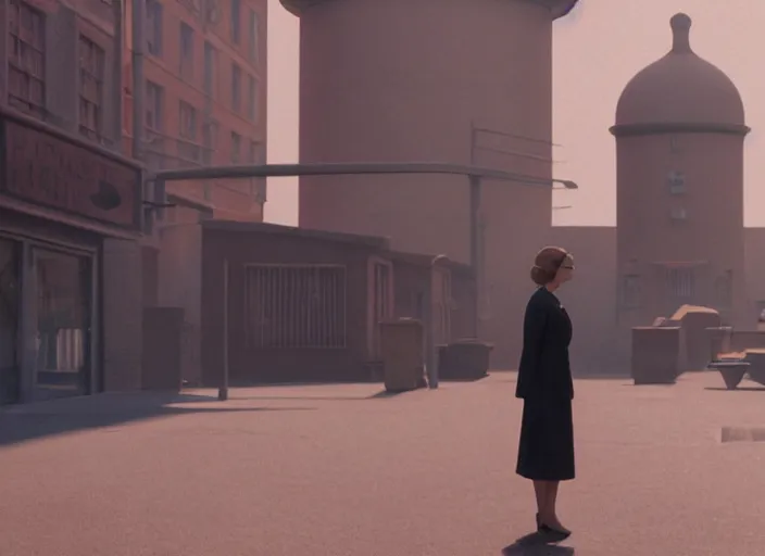 Prompt: cinematic mid shot of a woman's face with round glasses. she stands in a pastel 3 d minimalist, street scene with water tower, by jeffrey smart and gregory crewdson and edward hopper, grand budapest hotel